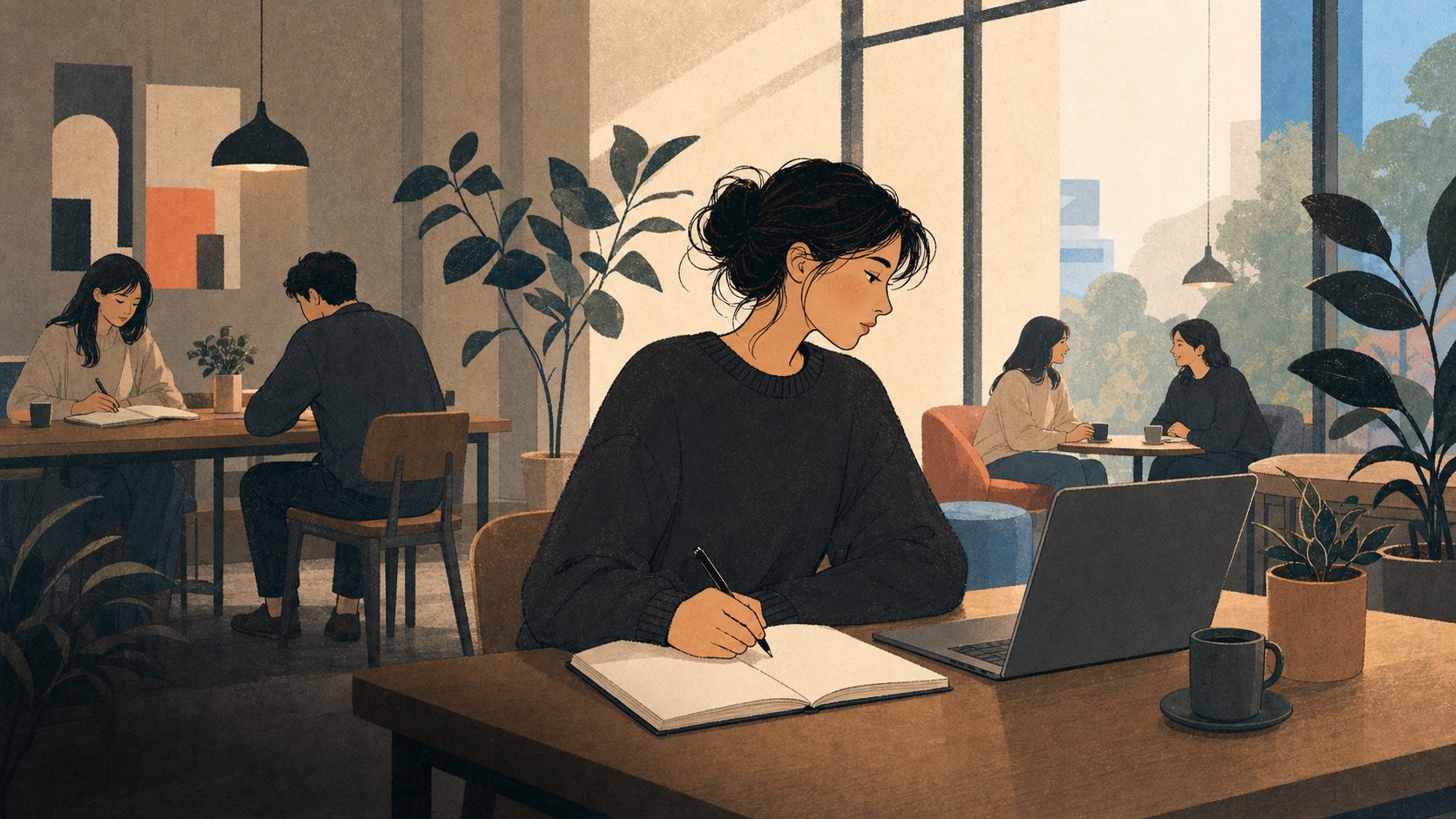 People studying, working, and meeting friends in a spacious café