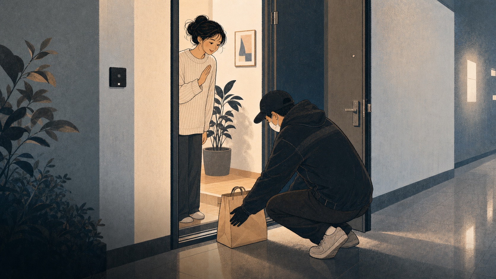 A delivery worker placing a food bag at an apartment doorway