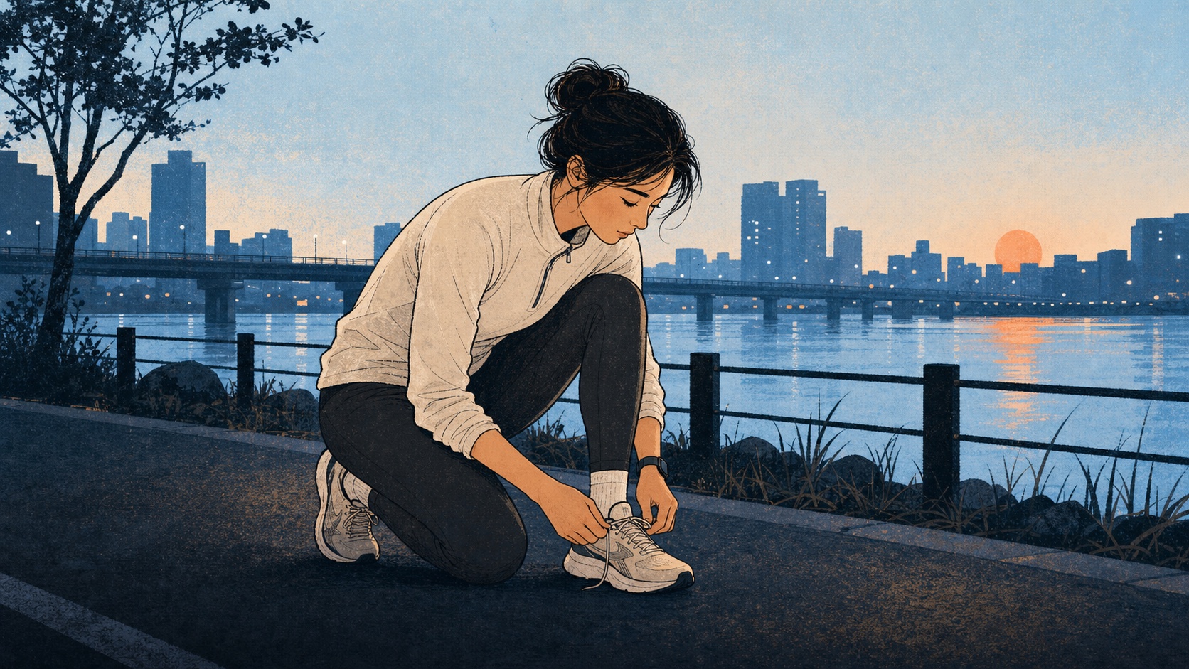 A determined runner tying a shoe beside the river at blue hour