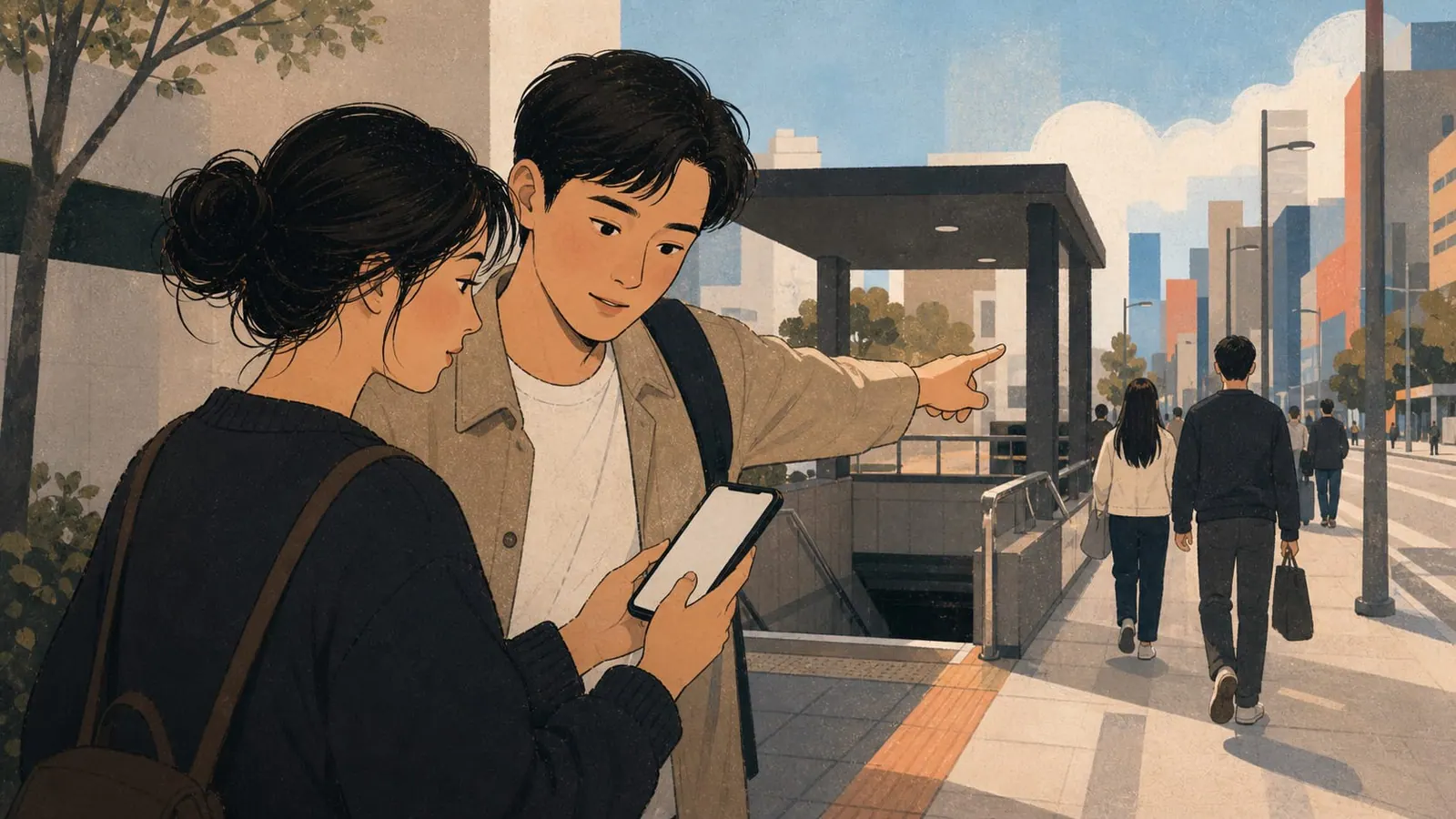 A local pointing out directions to a traveler near a subway entrance