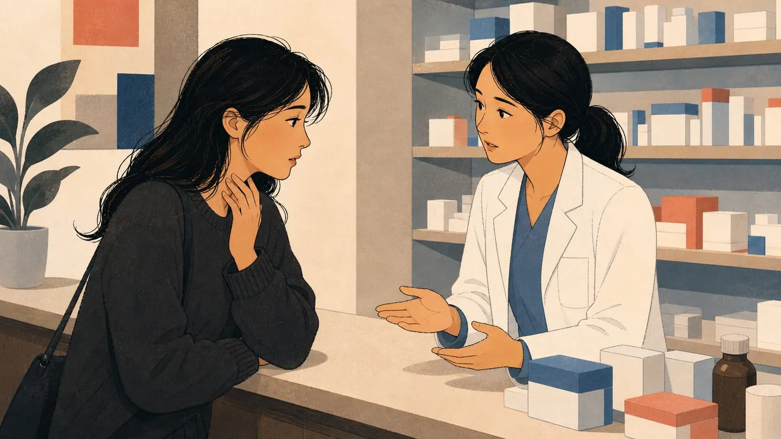 A customer explaining a sore throat to a pharmacist