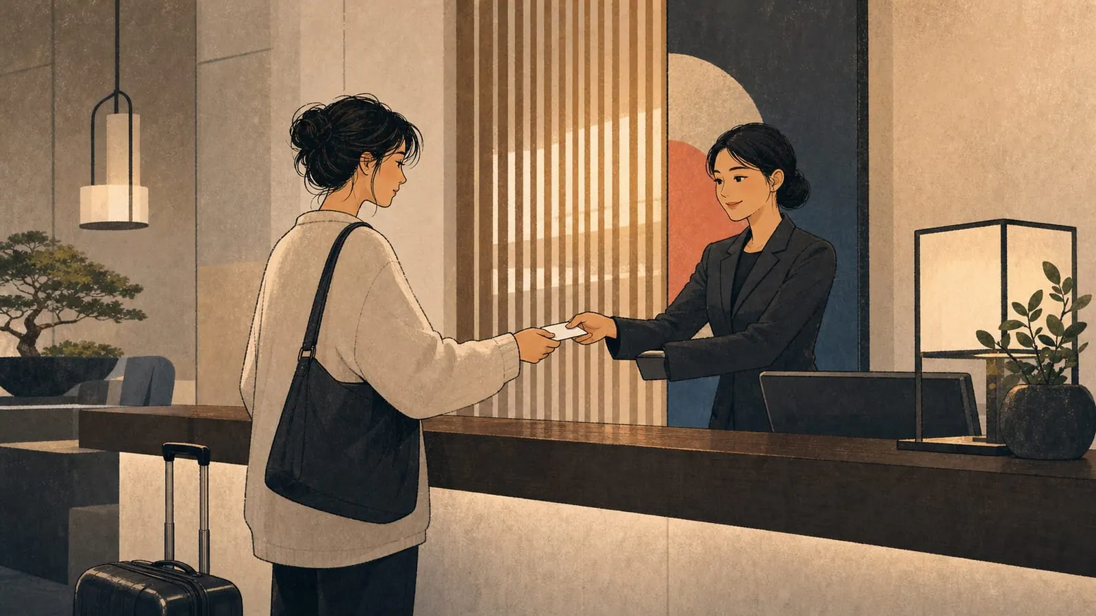 A hotel receptionist handing a key card to a traveler