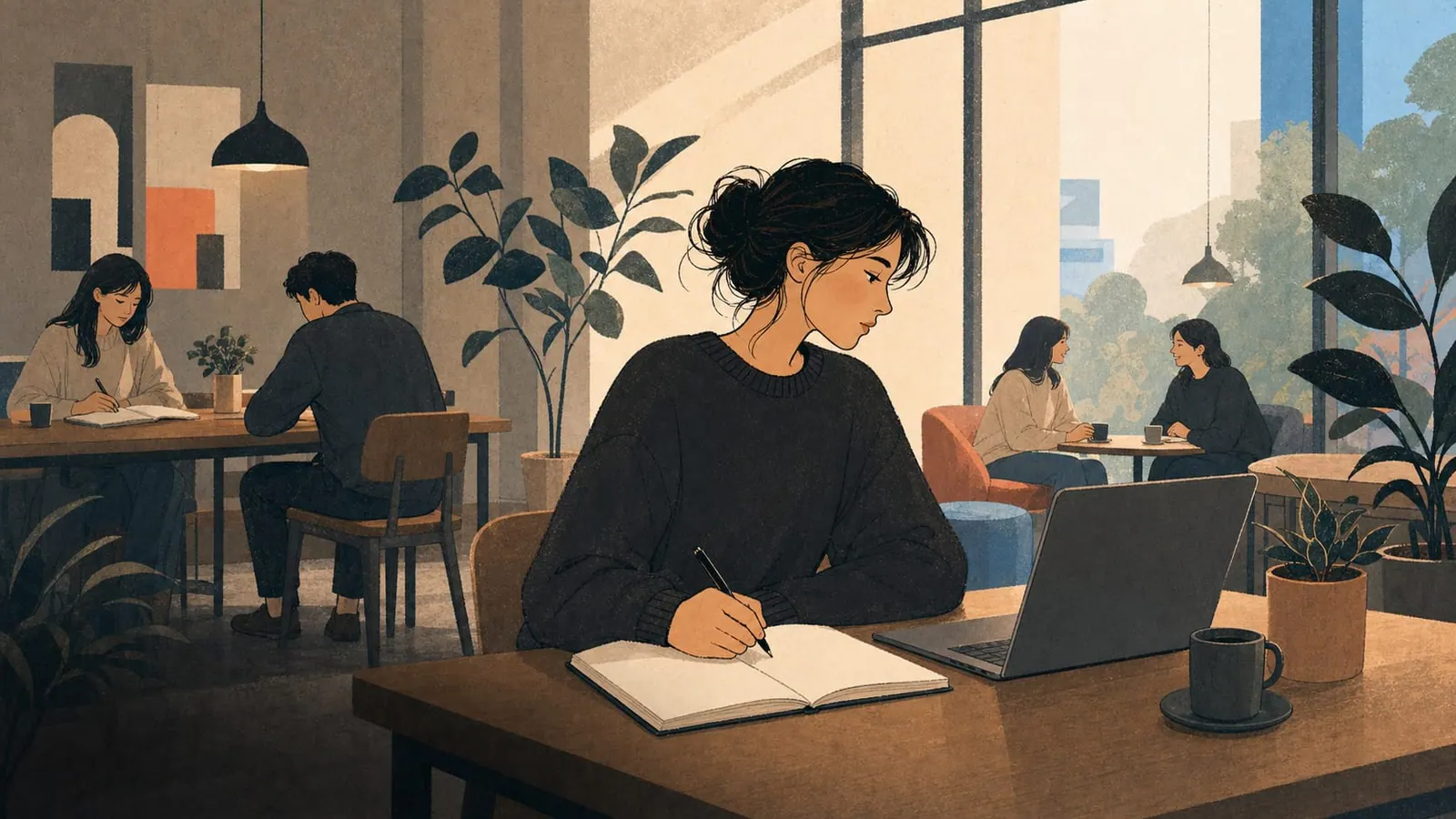 People studying, working, and meeting friends in a spacious café