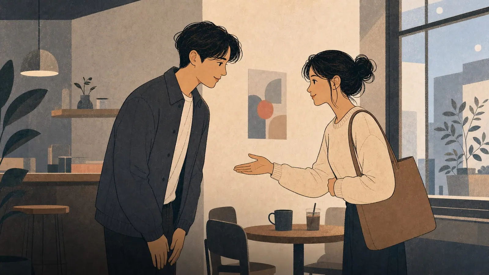 Two adults greeting each other politely in a café