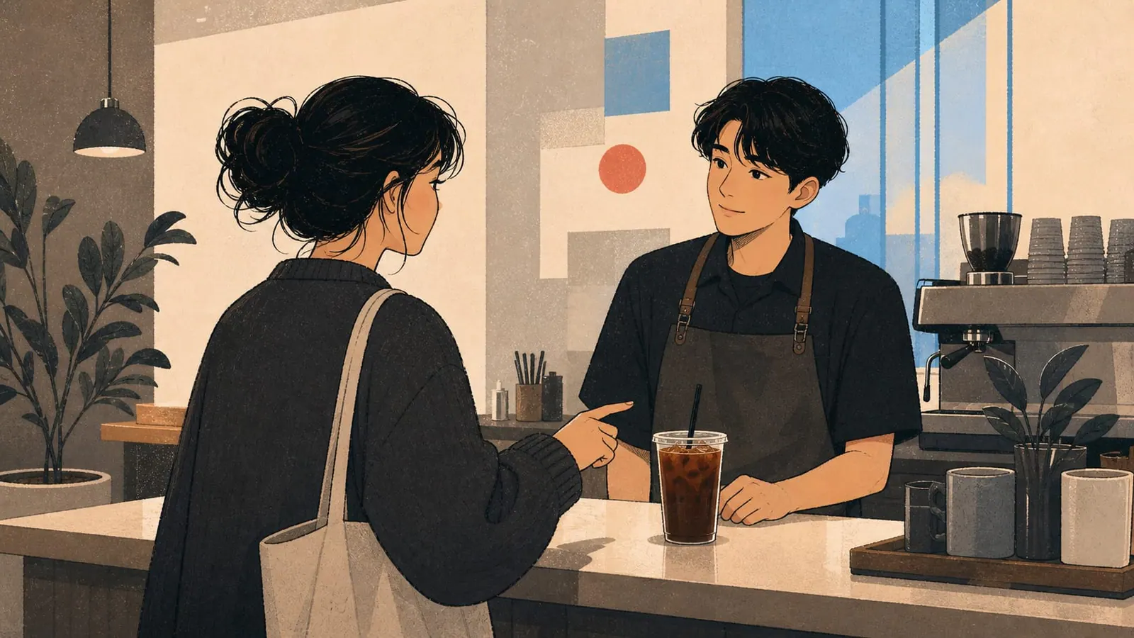 A customer ordering an iced coffee from a barista