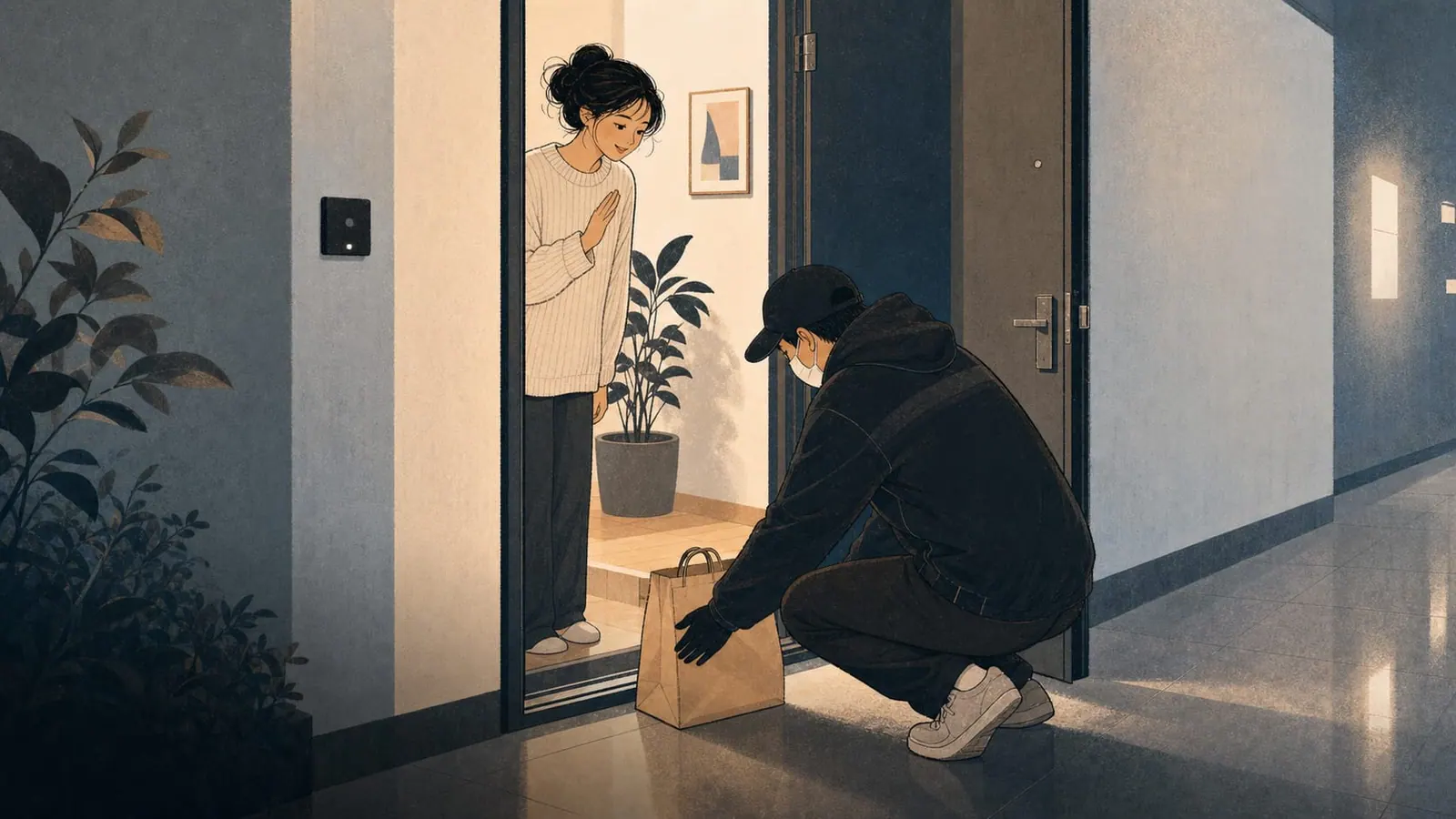 A delivery worker placing a food bag at an apartment doorway