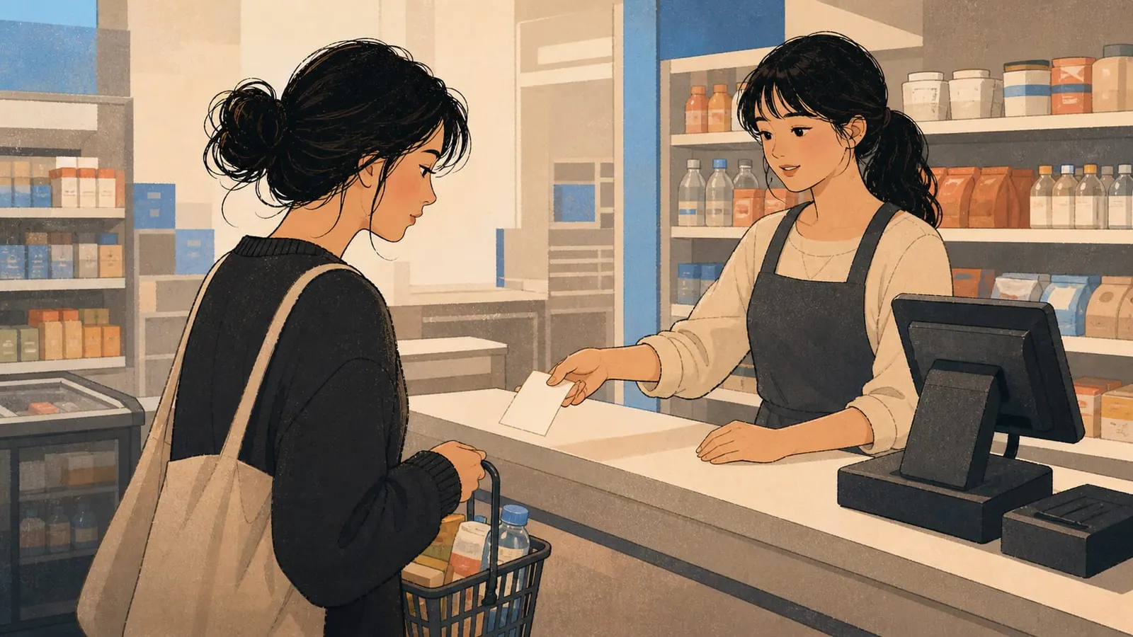 A cashier handing a receipt to a convenience-store customer