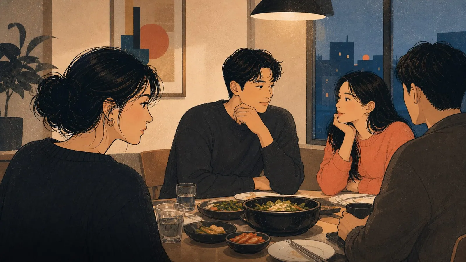 A person observing the mood during a small dinner gathering