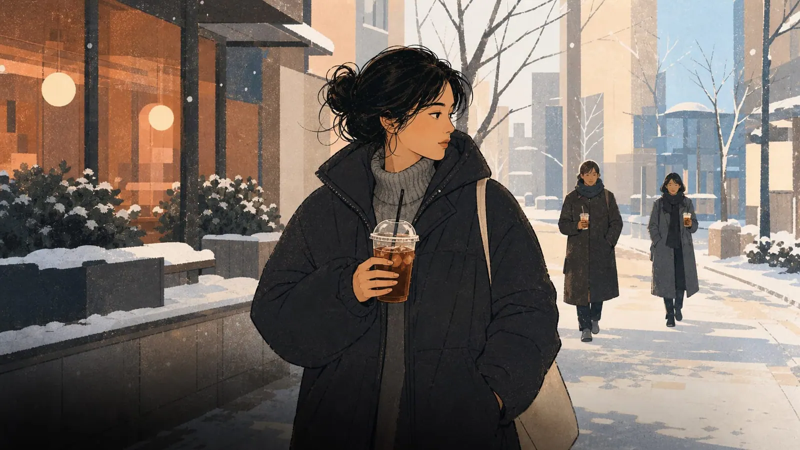 A person in a winter coat carrying an iced Americano on a snowy street