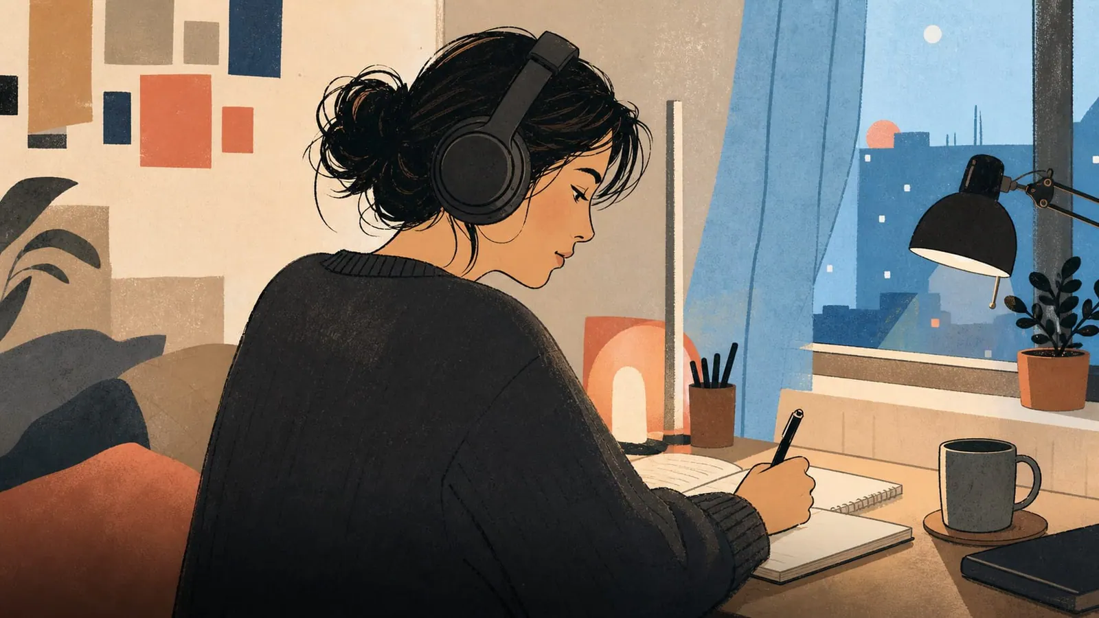 A Korean learner wearing headphones and writing at a desk