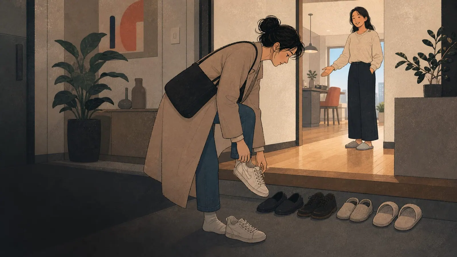 A visitor taking off shoes at the entrance to a Korean home